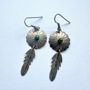 Native American Green Turquoise Silver Earrings Concho Feather Vintage